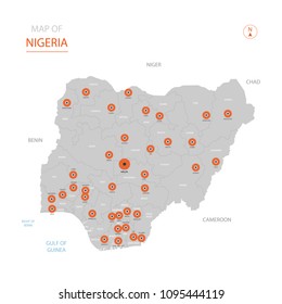 Stylized vector Nigeria map showing big cities, capital Abuja, 
administrative divisions.