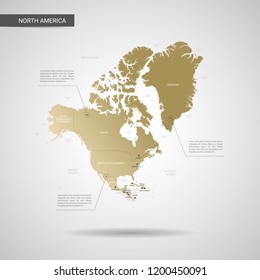 Stylized vector North America map.  Infographic 3d gold map illustration with cities, borders, capital, administrative divisions and pointer marks, shadow; gradient background. 