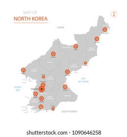 Stylized vector North Korea map showing big cities, capital Pyongyang, 
administrative divisions.