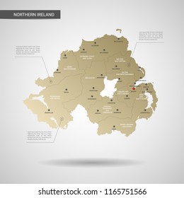 Stylized vector Northern Ireland map.  Infographic 3d gold map illustration with cities, borders, capital, administrative divisions and pointer marks, shadow; gradient background. 