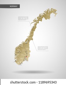 Stylized vector Norway map.  Infographic 3d gold map illustration with cities, borders, capital, administrative divisions and pointer marks, shadow; gradient background. 
