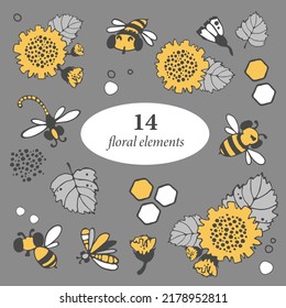 stylized vector objects single elements on the theme: sunflowers with large flowers and buds on a branch, diverse foliage. Yellow and gray leaves, bees, honeycombs, honey, hank and dragonfly.