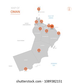 Stylized vector Oman map showing big cities, capital Muscat, 
administrative divisions.