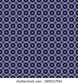 Stylized vector ornament. Beautiful abstract seamless pattern. Kaleidoscope geometric style in brown, neutral and blue colors. Texture with flowers for use in textile design or wrapping paper.