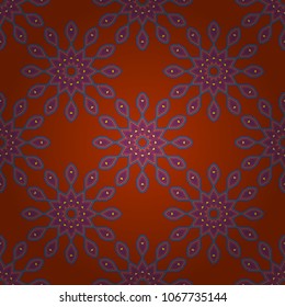 Stylized vector ornament. Texture with flowers for use in textile design or wrapping paper. Beautiful abstract seamless pattern. Kaleidoscope geometric style in orange, blue and purple colors.