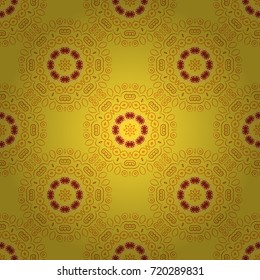Stylized vector ornament. Texture with flowers for use in textile design or wrapping paper. Beautiful abstract seamless pattern. Kaleidoscope geometric style in orange, brown and yellow colors.