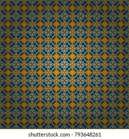 Stylized vector ornament. Texture with flowers for use in textile design or wrapping paper. Beautiful abstract seamless pattern. Kaleidoscope geometric style in green, blue and orange colors.