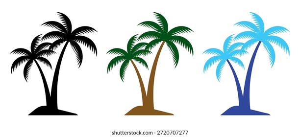 Iconos estilizados de la palmera del Vector en variaciones negras, verdes, y azules del color