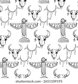 Stylized vector pattern featuring bull skulls, birds, and tribal motifs in black and white on a clean background