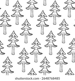 Stylized vector pattern featuring repeated pine trees in a minimalistic black and white design for backgrounds and graphics.