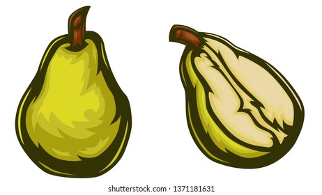Stylized vector of a pear. Comes with a sliced pear half as well as a solid pear.

Pear Graphic.