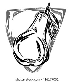 A stylized vector pear, with leave, in triangle frame.