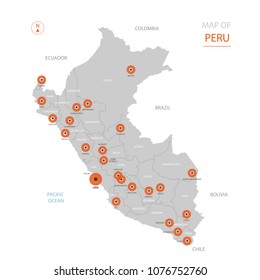 Stylized vector Peru map showing big cities, capital Lima, administrative divisions and country borders with Ecuador, Colombia, Brazil, Bolivia, and Chile.  