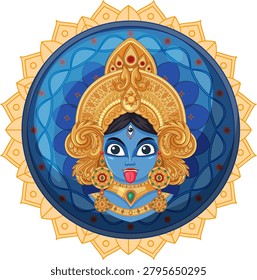 Stylized vector portrait of blue goddess Kali with golden jewelry inside decorative circular mandala frame.
