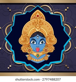 Stylized vector portrait of blue goddess Kali wearing ornate gold jewelry against dark mandala background.