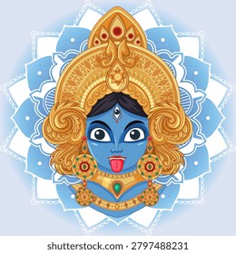 Stylized vector portrait of blue goddess Kali wearing ornate gold jewelry against blue mandala background.