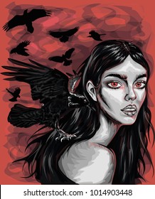 Stylized vector portrait of a dark haired girl in abstract styles. Gothic illustration