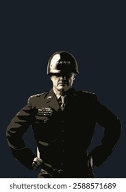 Stylized vector portrait of general george s. Patton with hands on hips, wearing military uniform and helmet