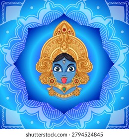Stylized vector portrait of Goddess Kali wearing golden jewelry against a blue mandala pattern.