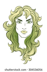 Stylized vector portrait of pretty girl with green hair