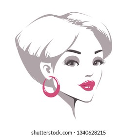 Stylized Vector Portrait of a Young Beautiful Woman with Pink Lips and Earrings.