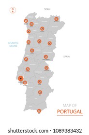 Stylized vector Portugal map showing big cities, capital Lisbon, 
administrative divisions.