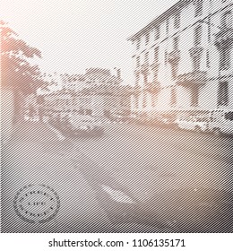 Stylized vector poster in retro style.Street in perspective