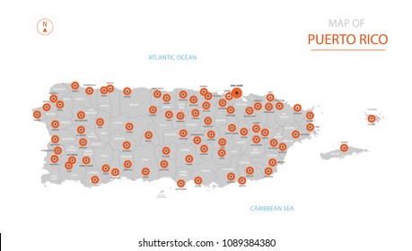 Stylized vector Puerto Rico map showing big cities, capital San Juan, administrative divisions.