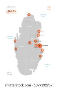 Stylized vector Qatar map showing big cities, capital Doha, administrative divisions.