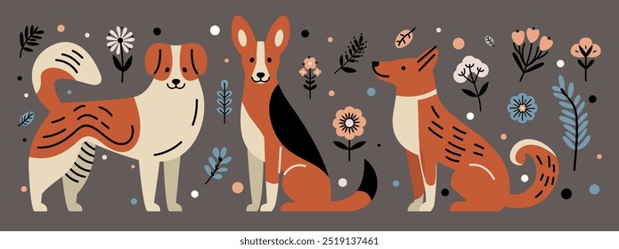 Stylized Vector Red Cartoon Dogs of Various Breeds and Florals in a Vibrant Color Palette 