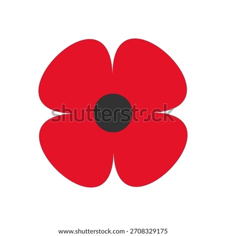 Stylized vector red poppy symbol for Remembrance Day and ANZAC Day. Flat icon of Flanders Poppy with four petals and a black center. Perfect for graphic design and print projects.