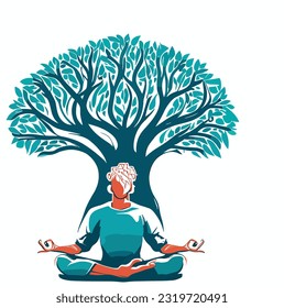A stylized vector representation of a man meditating under a tree