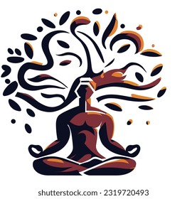 A stylized vector representation of a man meditating under a tree