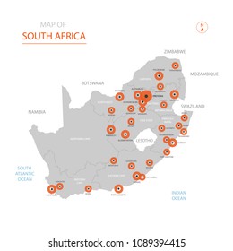 Stylized vector Republic of South Africa (RSA) map showing big cities, capital Pretoria, 
administrative divisions.