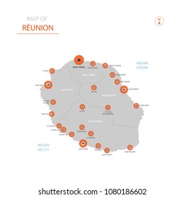 Stylized vector Reunion map showing big cities, capital Saint-Denis, administrative divisions