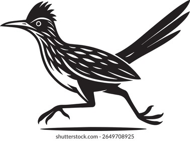 Stylized vector of a roadrunner in motion with a long tail and distinctive crest. Clean lines and dynamic pose on white background. Ideal for logos, wildlife icons, and branding.