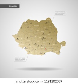 Stylized vector Romania map.  Infographic 3d gold map illustration with cities, borders, capital, administrative divisions and pointer marks, shadow; gradient background. 