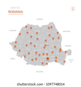 Stylized vector Romania map showing big cities, capital Bucharest, 
administrative divisions.