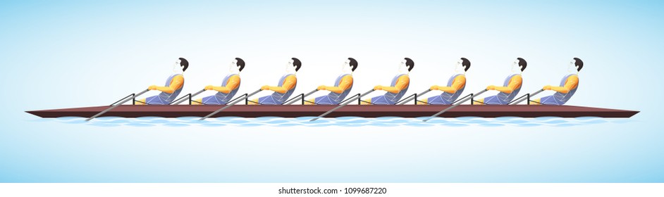 Stylized vector of rowing team in action, eight athletes paddling in sync on racing boat, abstract side view illustration symbolizing teamwork, power, and water sport.