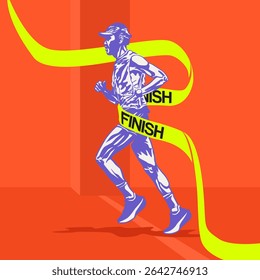 Stylized Vector Runner Poster. Runner crossing finish line with yellow ribbon in vector art illustration. Duotone vector.