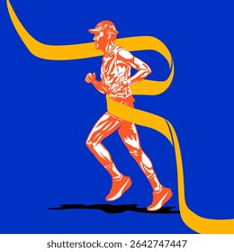 Stylized Vector Runner Poster. Runner crossing finish line with orange ribbon in vector art illustration. Duotone Pop art vector illustration.