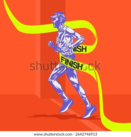 Stylized Vector Runner Poster. Runner crossing finish line with yellow ribbon in vector art illustration. Duotone vector.