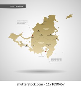 Stylized vector Saint Martin map.  Infographic 3d gold map illustration with cities, borders, capital, administrative divisions and pointer marks, shadow; gradient background. 