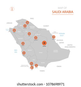 Stylized vector Saudi Arabia map showing big cities, capital Riyadh, 
administrative divisions.