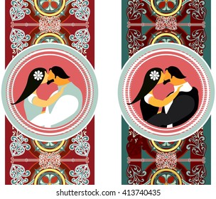 stylized vector seamless pattern in Gothic style with frame and kissing lovers