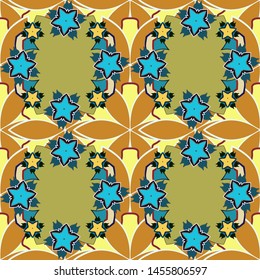 The stylized vector seamless texture of green, orange and blue elements. Vector illustration.