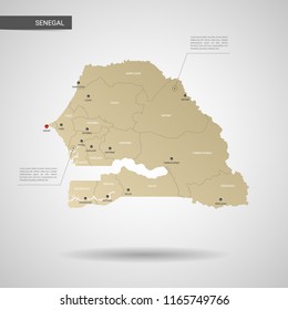 Stylized vector Senegal map.  Infographic 3d gold map illustration with cities, borders, capital, administrative divisions and pointer marks, shadow; gradient background. 