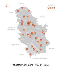 Stylized vector Serbia map showing big cities, capital Belgrade, 
administrative divisions.