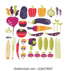 Stylized vector set with different vegetables on a white background. Colorful cartoon illustration.