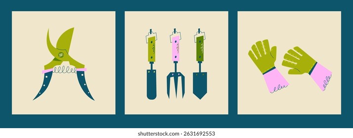 Stylized vector set of gardening tools: pruner, gloves and small shovels. Perfect for gardening, home planting, and seasonal care illustrations